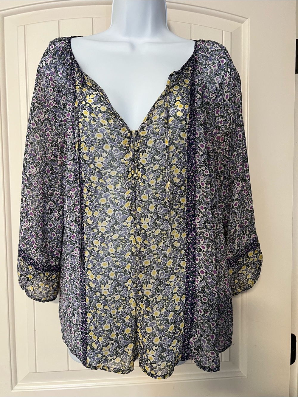 Joie mixed-print silk chiffon peasant blouse